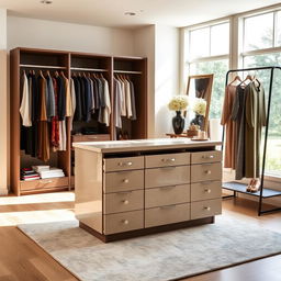 An elegant dressing room within a bedroom featuring a spacious storage island with four drawers and various open compartments, designed for optimal organization