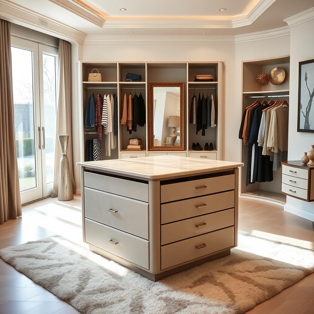 An elegant dressing room within a bedroom featuring a spacious storage island with four drawers and various open compartments, designed for optimal organization