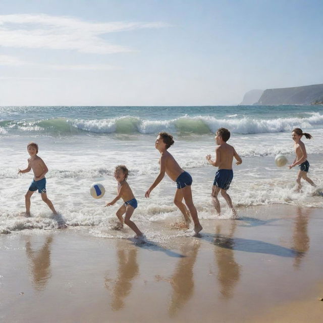 A group of children gleefully playing a game of volleyball on a bright sunny beach, oblivious to the majestic tidal wave forming in the aquatic background, encapsulating a curious blend of everyday play and awe-inspiring nature.