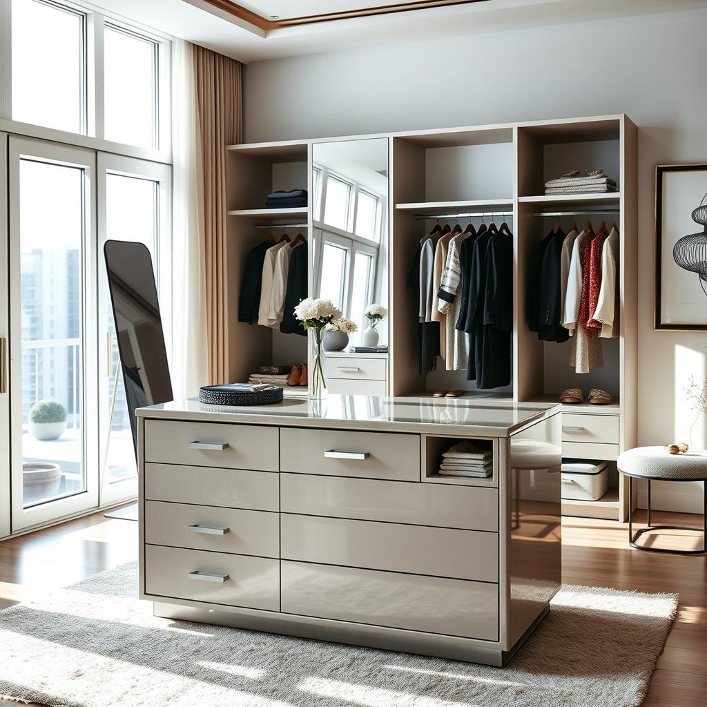 A sophisticated dressing room within a bedroom featuring a stylish storage island with drawers and cubby compartments for the top drawer, all in a beautiful lacquered stone color