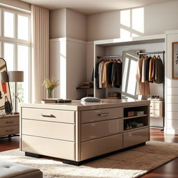 A sophisticated dressing room within a bedroom featuring a stylish storage island with drawers and cubby compartments for the top drawer, all in a beautiful lacquered stone color