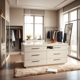 A sophisticated dressing room within a bedroom featuring a stylish storage island with drawers and cubby compartments for the top drawer, all in a beautiful lacquered stone color