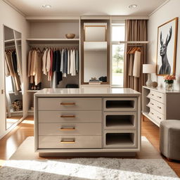 A sophisticated dressing room within a bedroom featuring a stylish storage island with drawers and cubby compartments for the top drawer, all in a beautiful lacquered stone color