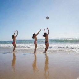 A group of children gleefully playing a game of volleyball on a bright sunny beach, oblivious to the majestic tidal wave forming in the aquatic background, encapsulating a curious blend of everyday play and awe-inspiring nature.