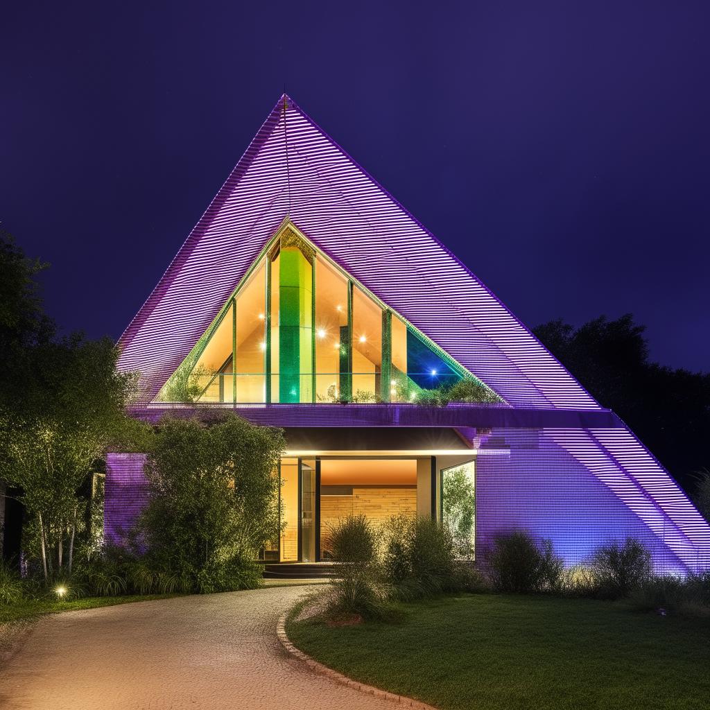 Two-story house crafted from blocks, the second floor designed pricier with a glass balcony. The house, triangular in shape, has soft coloured lights illuminating from within.