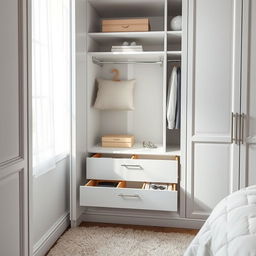 An interior view of a stylish wardrobe in a bedroom featuring a beautifully designed drawer unit with compartments inside