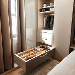 An interior view of a stylish wardrobe in a bedroom featuring a beautifully designed drawer unit with compartments inside