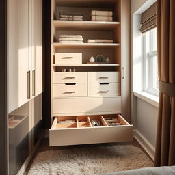 An interior view of a stylish wardrobe in a bedroom featuring a beautifully designed drawer unit with compartments inside