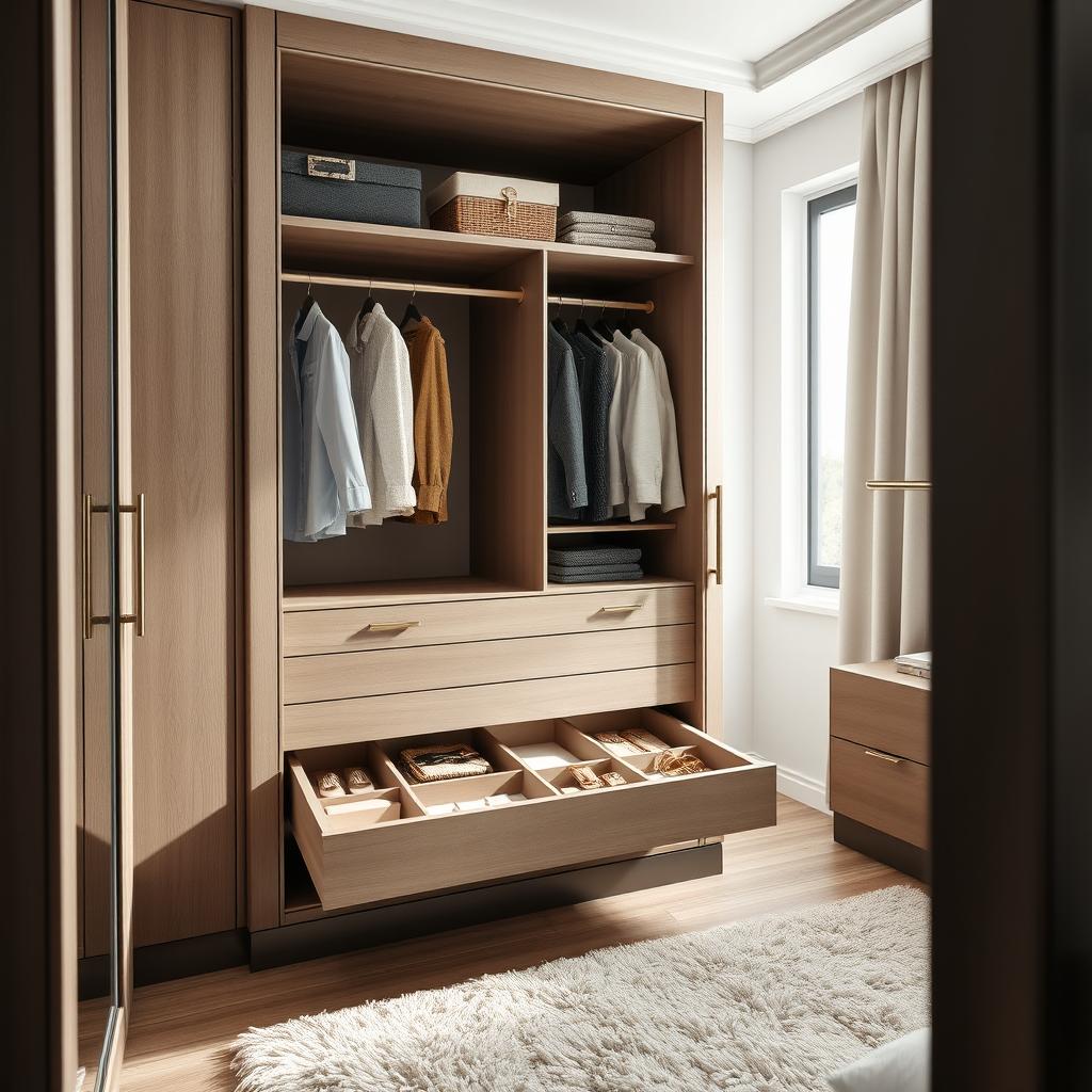 An interior view of a stylish wardrobe in a bedroom featuring a beautifully designed drawer unit with compartments inside