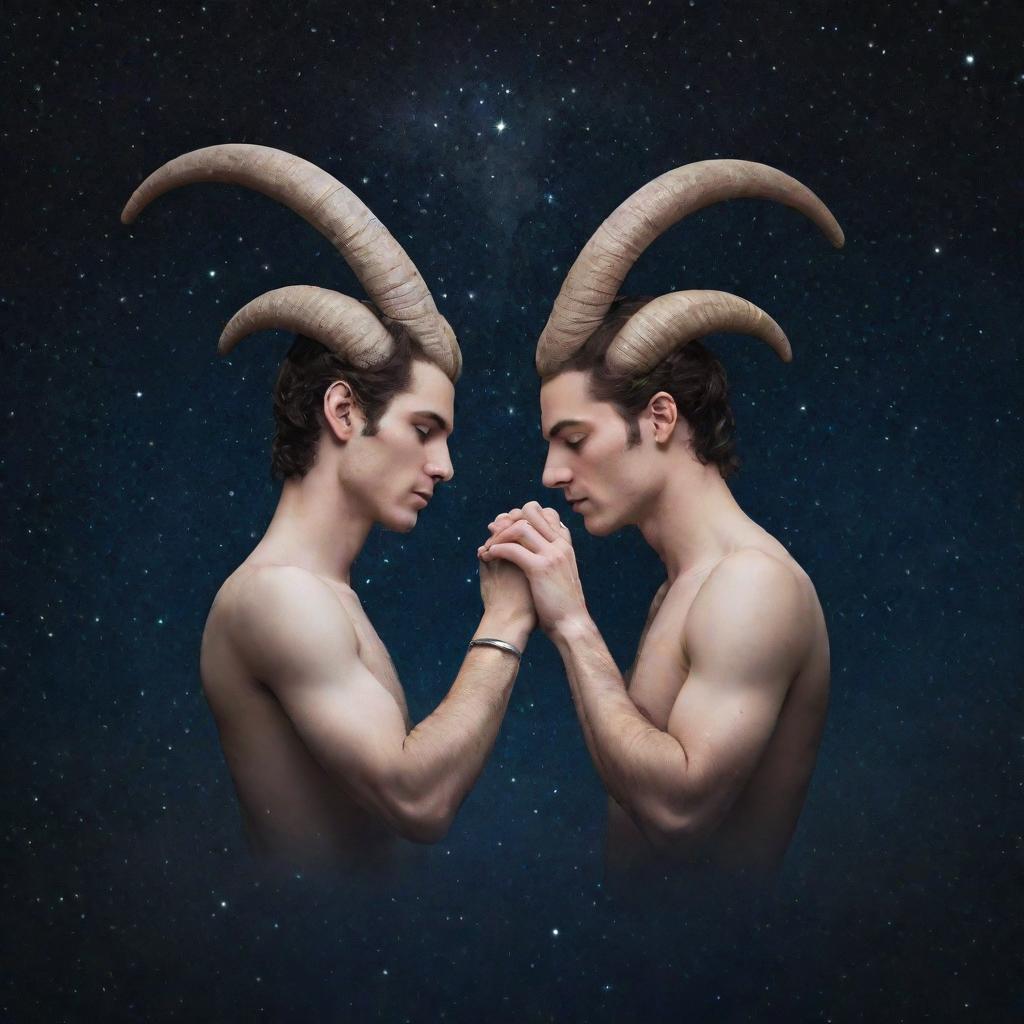A tactful, symbolic representation of a gay love relationship between Capricorn and Gemini zodiac symbols, empathetically intertwined under a starry sky.