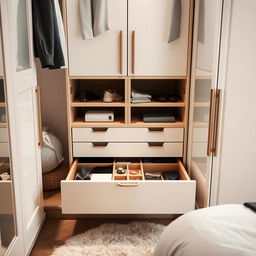 An interior view of a beautifully designed bedroom wardrobe featuring a sophisticated drawer unit with compartments inside