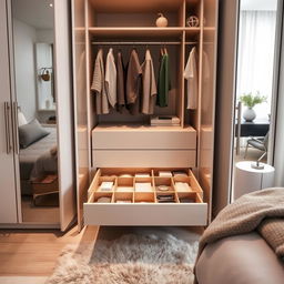 An interior view of a beautifully designed bedroom wardrobe featuring a sophisticated drawer unit with compartments inside