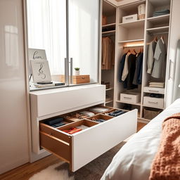 An interior view of a beautifully designed bedroom wardrobe featuring a sophisticated drawer unit with compartments inside