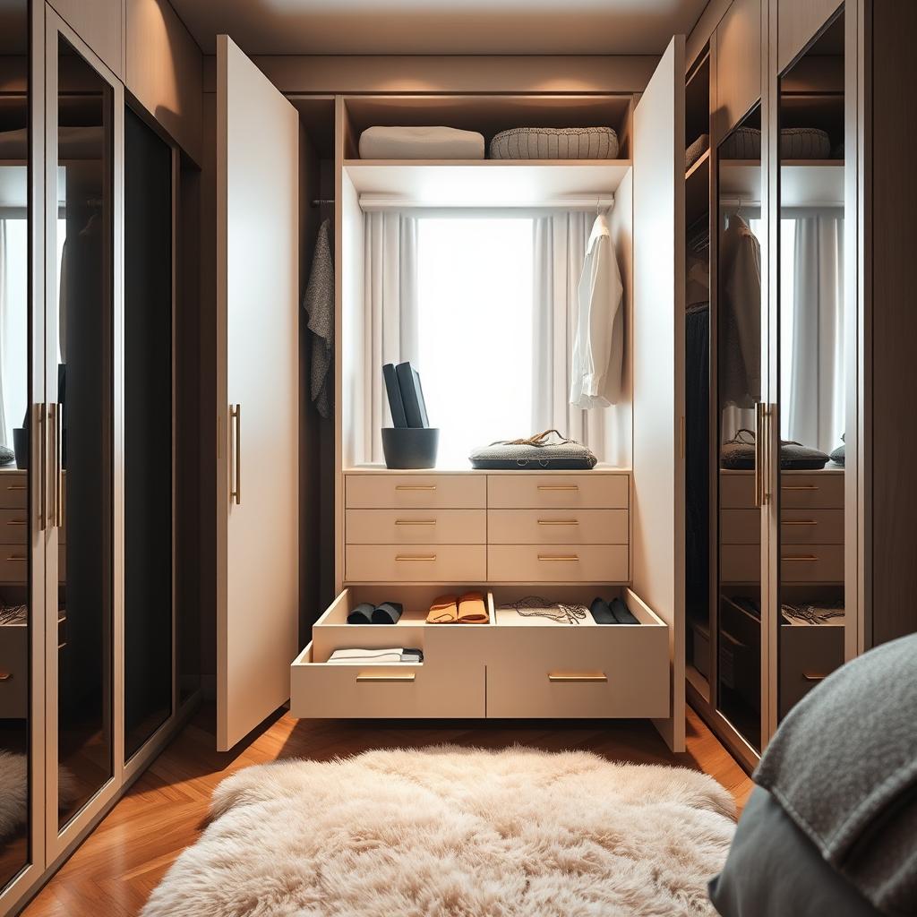 An interior view of a beautifully designed bedroom wardrobe featuring a sophisticated drawer unit with compartments inside