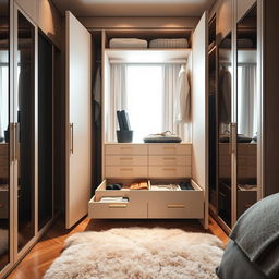 An interior view of a beautifully designed bedroom wardrobe featuring a sophisticated drawer unit with compartments inside