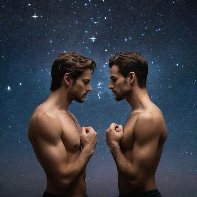 A tactful, symbolic representation of a gay love relationship between Capricorn and Gemini zodiac symbols, empathetically intertwined under a starry sky.