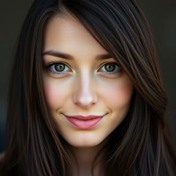 A detailed portrait of a 25-year-old Russian woman with dark brown hair and brown eyes