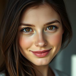 A detailed portrait of a 25-year-old Russian woman with dark brown hair and brown eyes