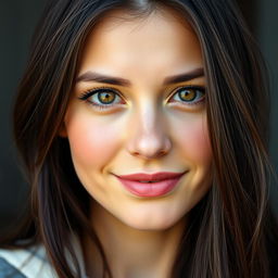 A detailed portrait of a 25-year-old Russian woman with dark brown hair and brown eyes