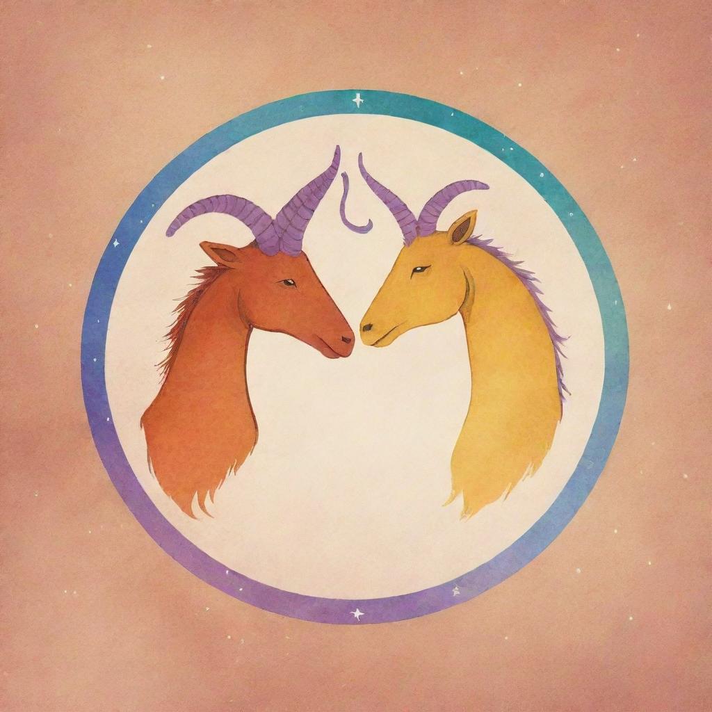 A simple, straight-forward illustration depicting the gay love relationship between Capricorn and Gemini, represented by their respective zodiac symbols warmly embraced.