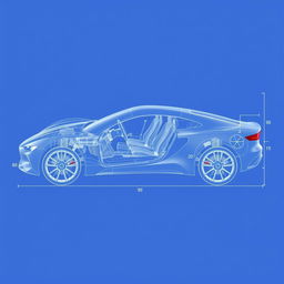 A detailed design blueprint of a modern car, showcasing a sleek and aerodynamic body shape, intricate mechanical components, and precise dimensions