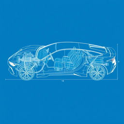 A detailed design blueprint of a modern car, showcasing a sleek and aerodynamic body shape, intricate mechanical components, and precise dimensions