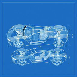 A detailed design blueprint of a modern car, showcasing a sleek and aerodynamic body shape, intricate mechanical components, and precise dimensions