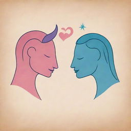 A simple, straight-forward illustration depicting the gay love relationship between Capricorn and Gemini, represented by their respective zodiac symbols warmly embraced.