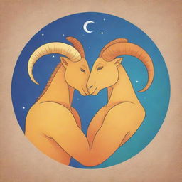 A simple, straight-forward illustration depicting the gay love relationship between Capricorn and Gemini, represented by their respective zodiac symbols warmly embraced.