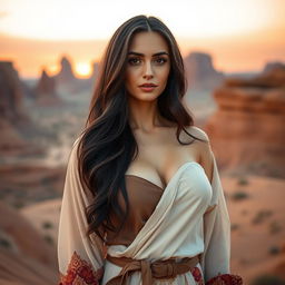 A strikingly beautiful 25-year-old woman from Jordan, dressed in a sexy and stylish outfit that accentuates her graceful curves