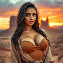 A strikingly beautiful 25-year-old woman from Jordan, dressed in a sexy and stylish outfit that accentuates her graceful curves