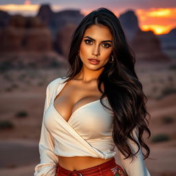 A strikingly beautiful 25-year-old woman from Jordan, dressed in a sexy and stylish outfit that accentuates her graceful curves