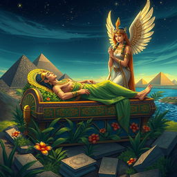 An enchanting illustration depicting the myth of Osiris and Isis from ancient Egyptian mythology