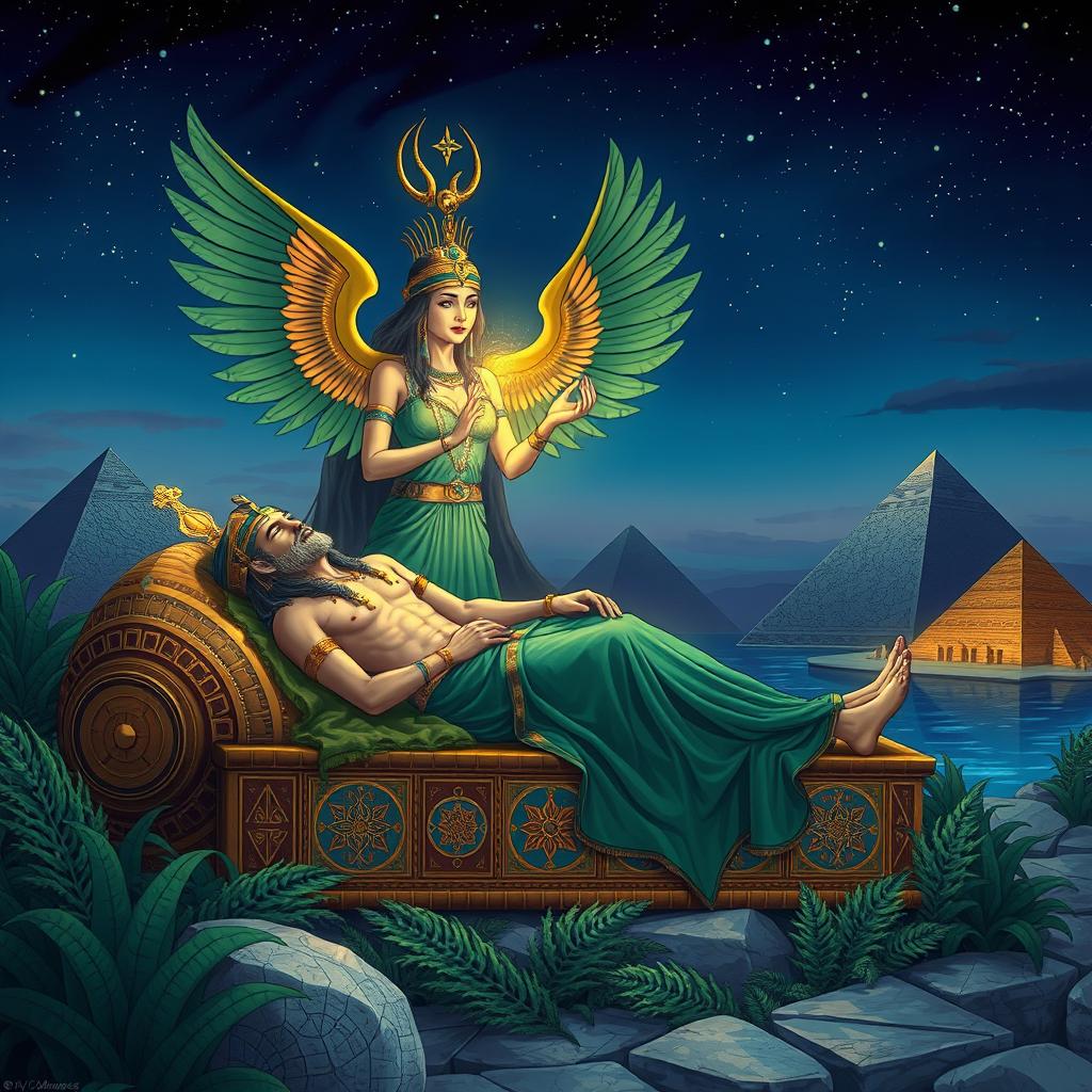 An enchanting illustration depicting the myth of Osiris and Isis from ancient Egyptian mythology