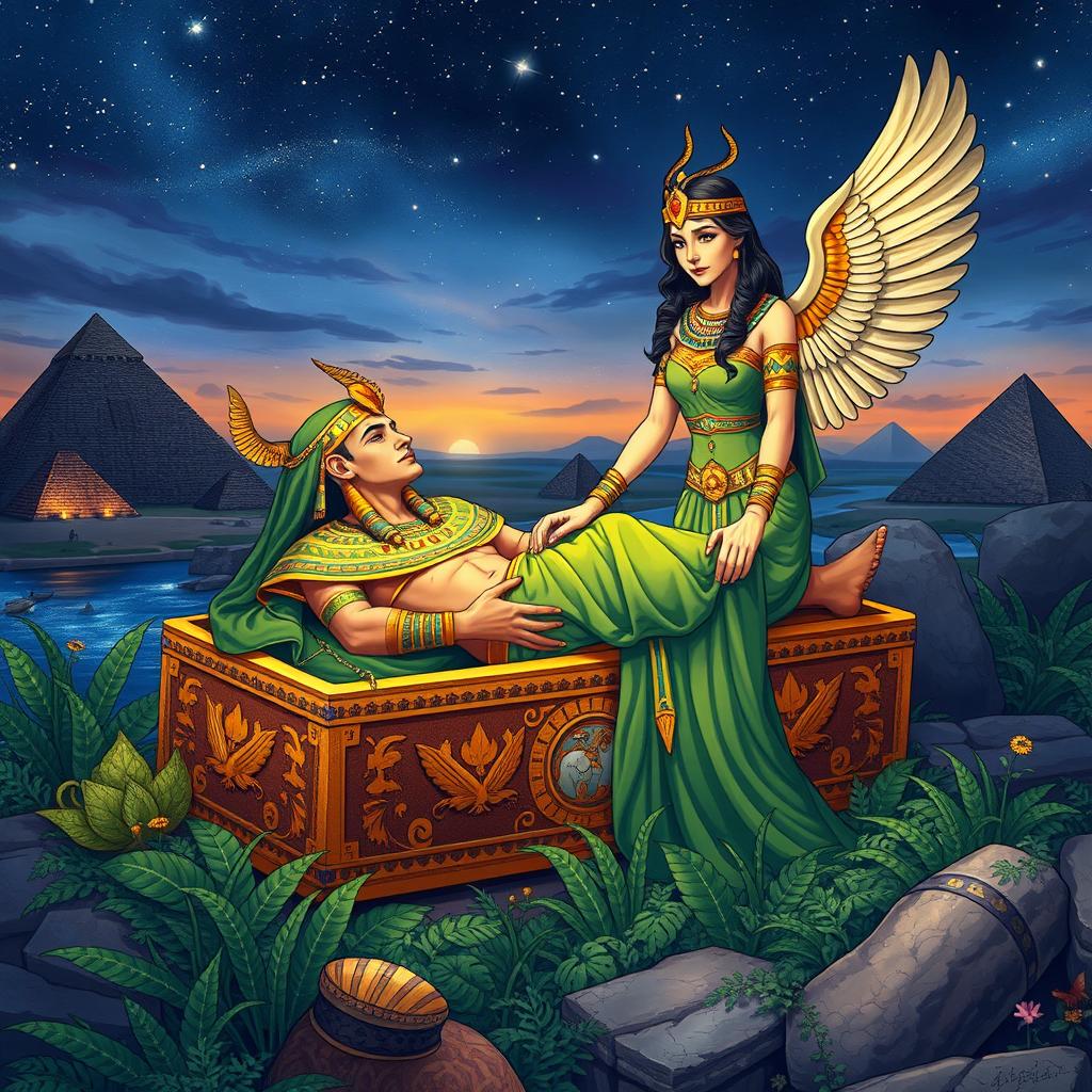 An enchanting illustration depicting the myth of Osiris and Isis from ancient Egyptian mythology