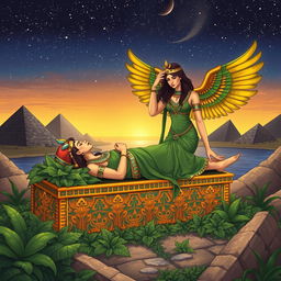 An enchanting illustration depicting the myth of Osiris and Isis from ancient Egyptian mythology