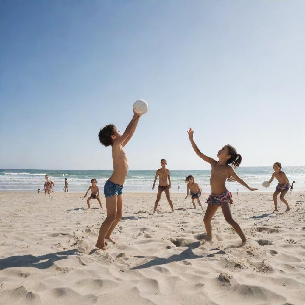 Children energetically playing volleyball on a sandy beach under the sun, demonstrating resilience while a vague natural disaster unfolds in the distant background, symbolizing a paradox between innocence, human strength, and the overwhelming power of nature.