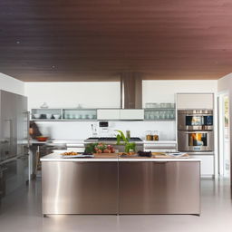 A contemporary modular kitchen featuring stainless steel appliances, compact storage solutions, and a sizable island in the center.