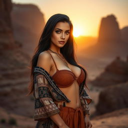 A strikingly beautiful 25-year-old woman from Jordan, dressed in a sexy and stylish outfit that emphasizes her curves