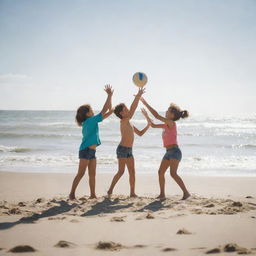 Children energetically playing volleyball on a sandy beach under the sun, demonstrating resilience while a vague natural disaster unfolds in the distant background, symbolizing a paradox between innocence, human strength, and the overwhelming power of nature.