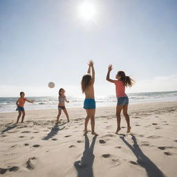 Children energetically playing volleyball on a sandy beach under the sun, demonstrating resilience while a vague natural disaster unfolds in the distant background, symbolizing a paradox between innocence, human strength, and the overwhelming power of nature.