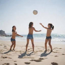 Children energetically playing volleyball on a sandy beach under the sun, demonstrating resilience while a vague natural disaster unfolds in the distant background, symbolizing a paradox between innocence, human strength, and the overwhelming power of nature.