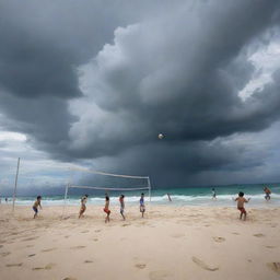 A lively scene of children immersed in a volleyball game on a beautiful beach, while in the backdrop the ominous swirling clouds of a typhoon connote a sense of suspense and drama.