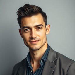 A portrait of a confident man standing against a neutral background