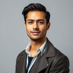 A portrait of a confident man standing against a neutral background