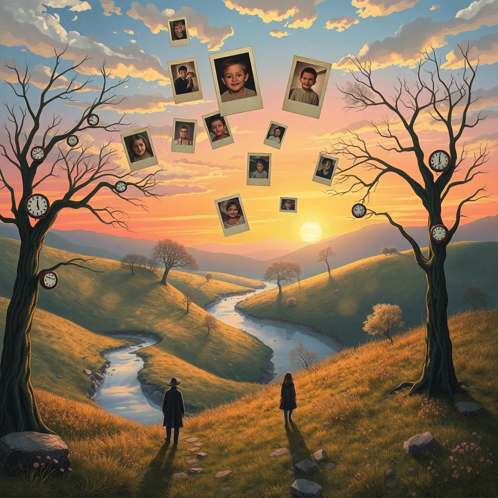 A surreal illustration depicting the theme of 'lost memories', featuring a whimsical landscape where fragmented photographs float in the air, each photo showcasing faded childhood memories