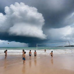 A lively scene of children immersed in a volleyball game on a beautiful beach, while in the backdrop the ominous swirling clouds of a typhoon connote a sense of suspense and drama.