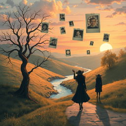 A surreal illustration depicting the theme of 'lost memories', featuring a whimsical landscape where fragmented photographs float in the air, each photo showcasing faded childhood memories