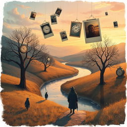 A surreal illustration depicting the theme of 'lost memories', featuring a whimsical landscape where fragmented photographs float in the air, each photo showcasing faded childhood memories