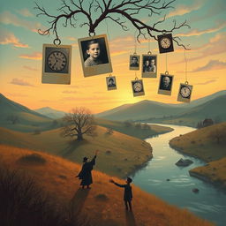 A surreal illustration depicting the theme of 'lost memories', featuring a whimsical landscape where fragmented photographs float in the air, each photo showcasing faded childhood memories